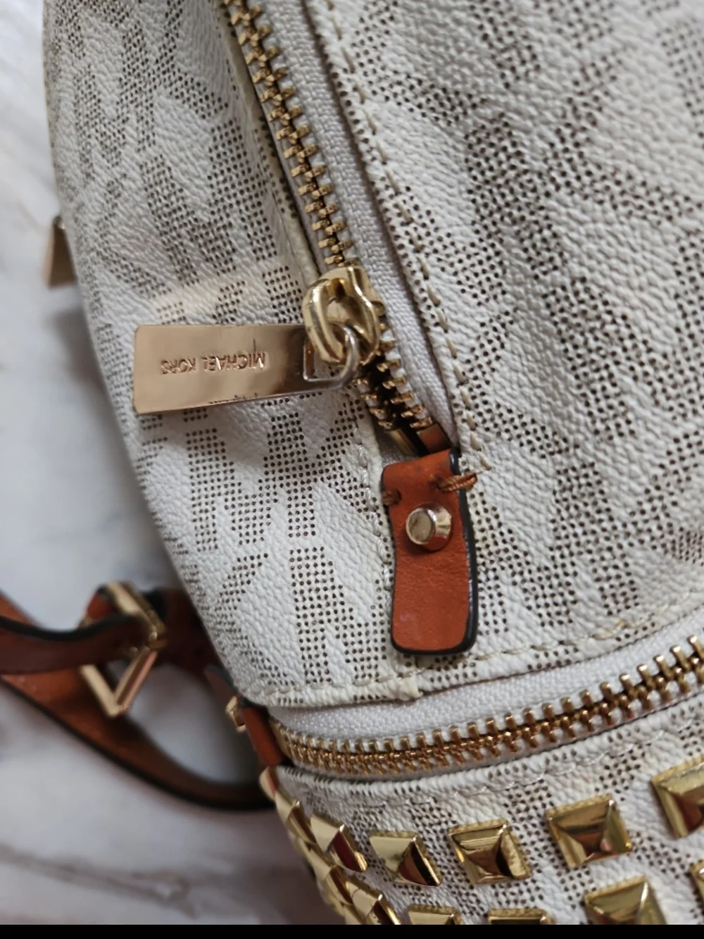Michael Kors Cream Logo Mini Backpack with Gold Studs